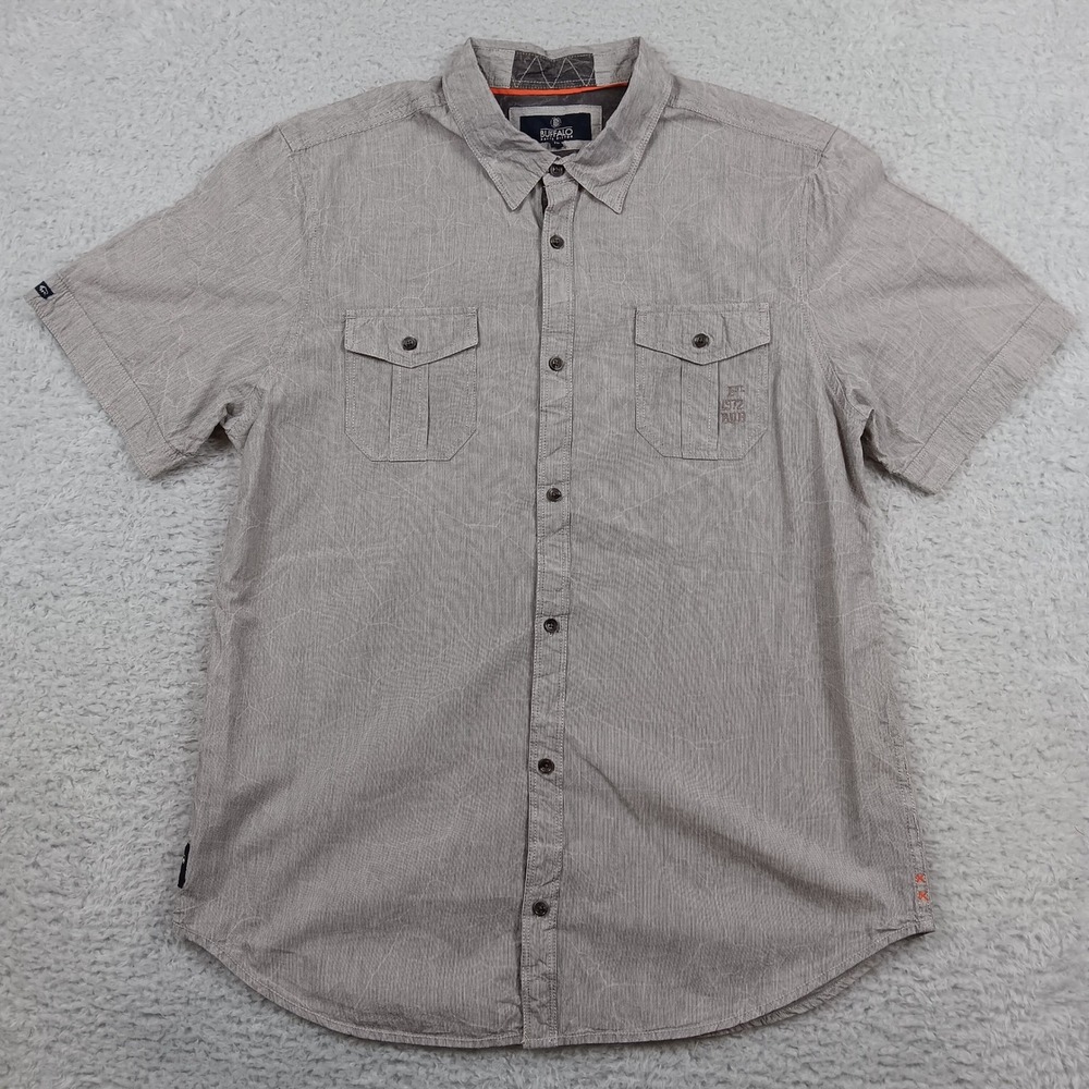 Buffalo Button Down‎ Shirt XL Grey Pinstripe Short Sleeve Dual Pocket